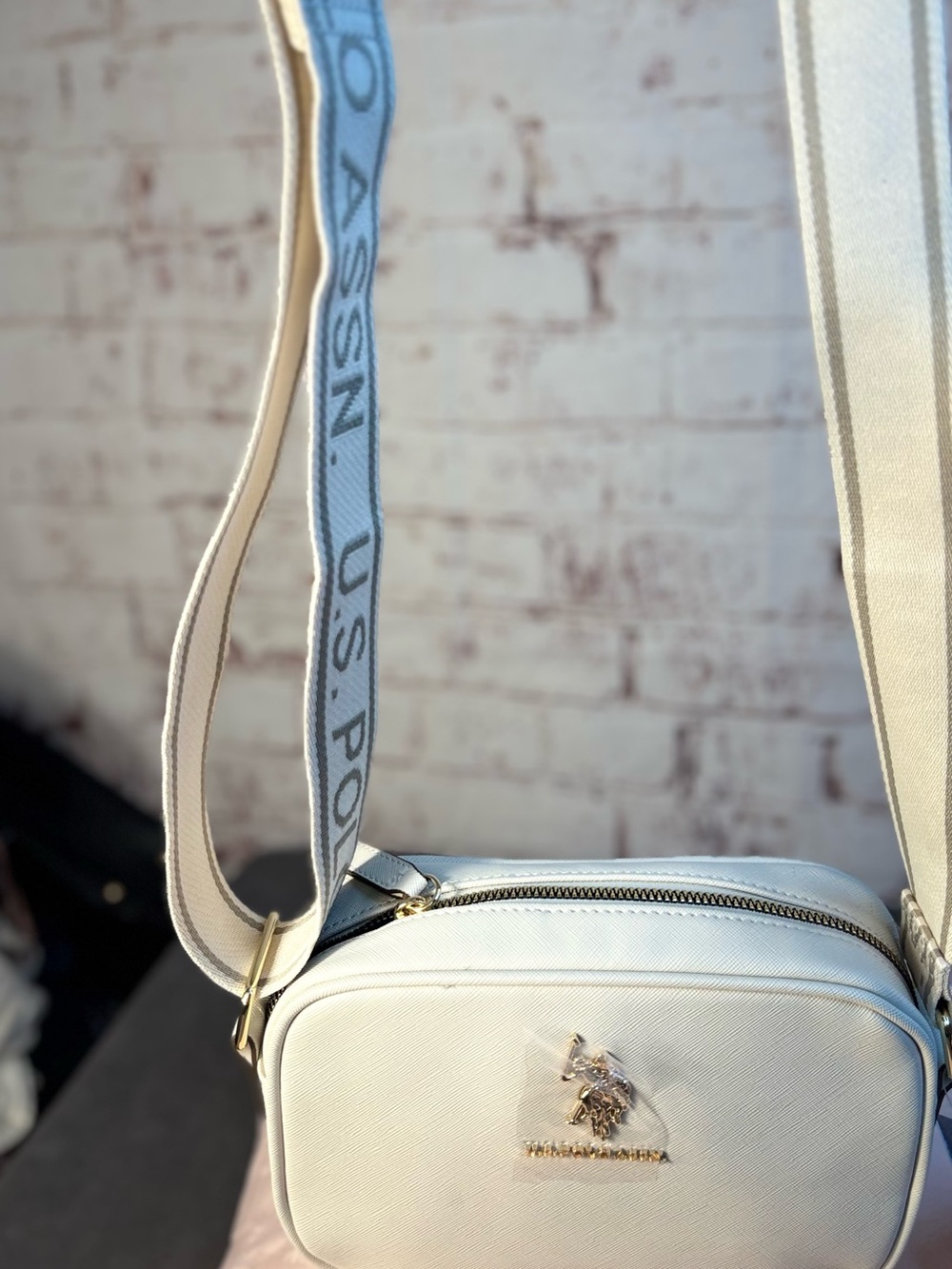 U.S. Polo Assn. Cream Saffiano Crossbody Bag with Wide Strap - Picture 7 of 16